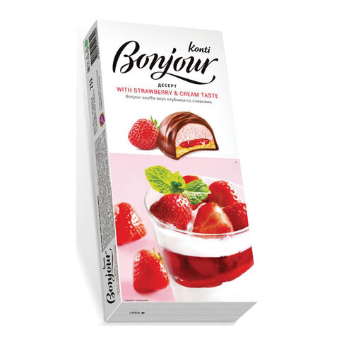 Десерт BONJOUR KONTI souffle, вкус клубники со сливками, 232 г, картонная коробка, 12052, 18588